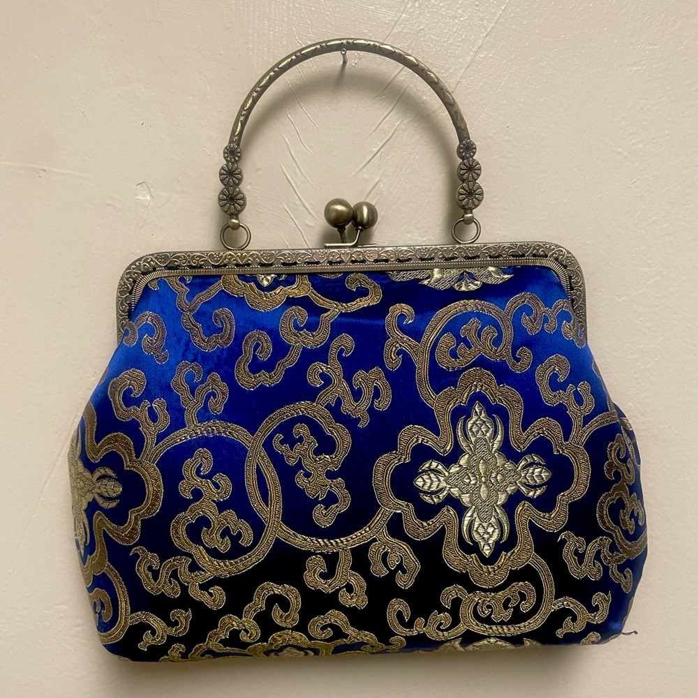 Blue and gold silky velvet clutch purse